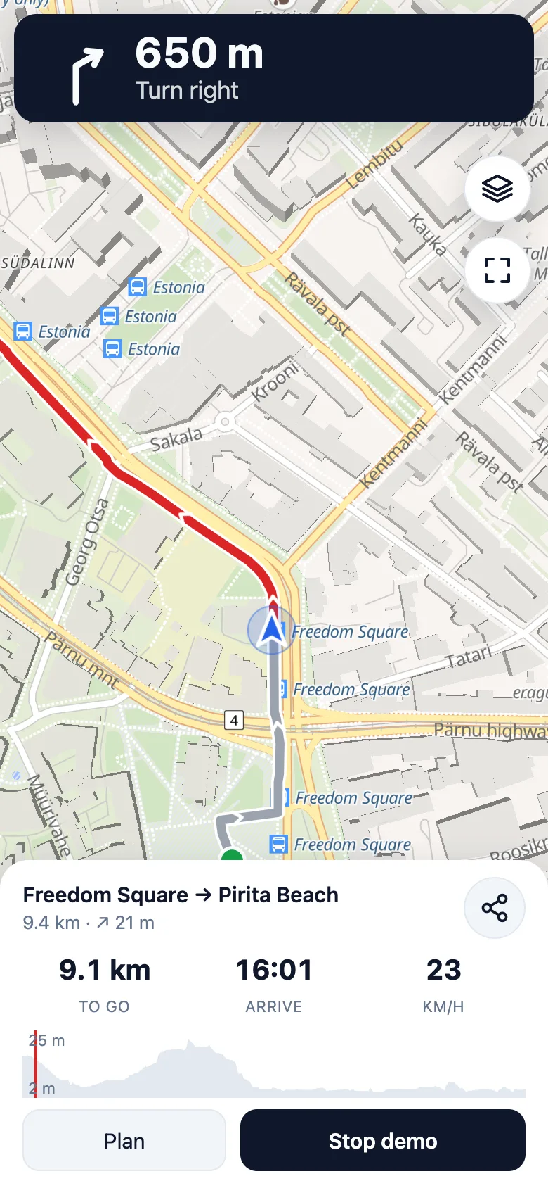 Navigation view with a turn instruction, the route and distance to go