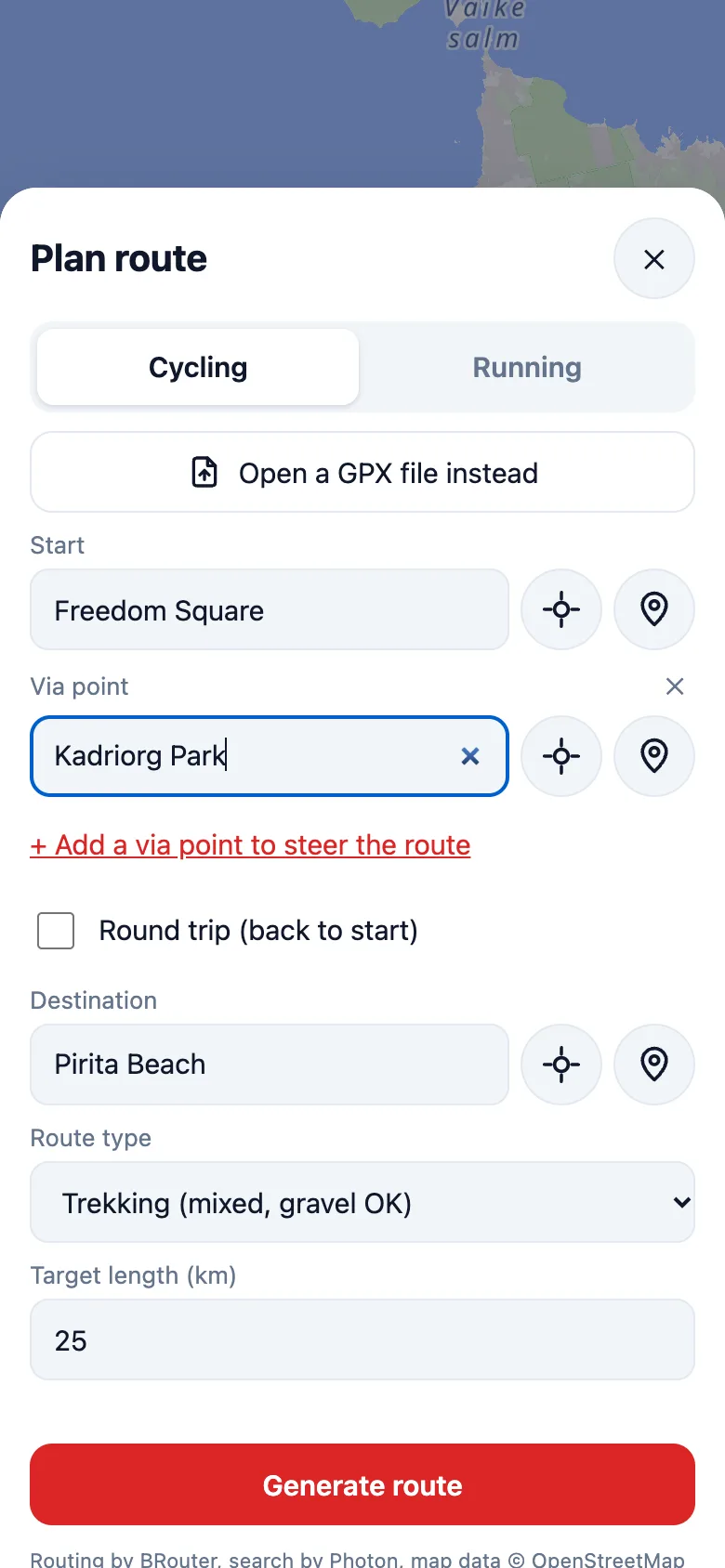 Plan route screen with cycling or running, start, via point and destination