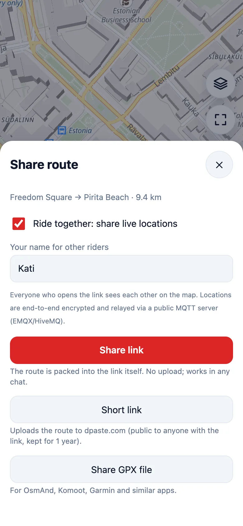 Share sheet with ride together, share link, short link and GPX options